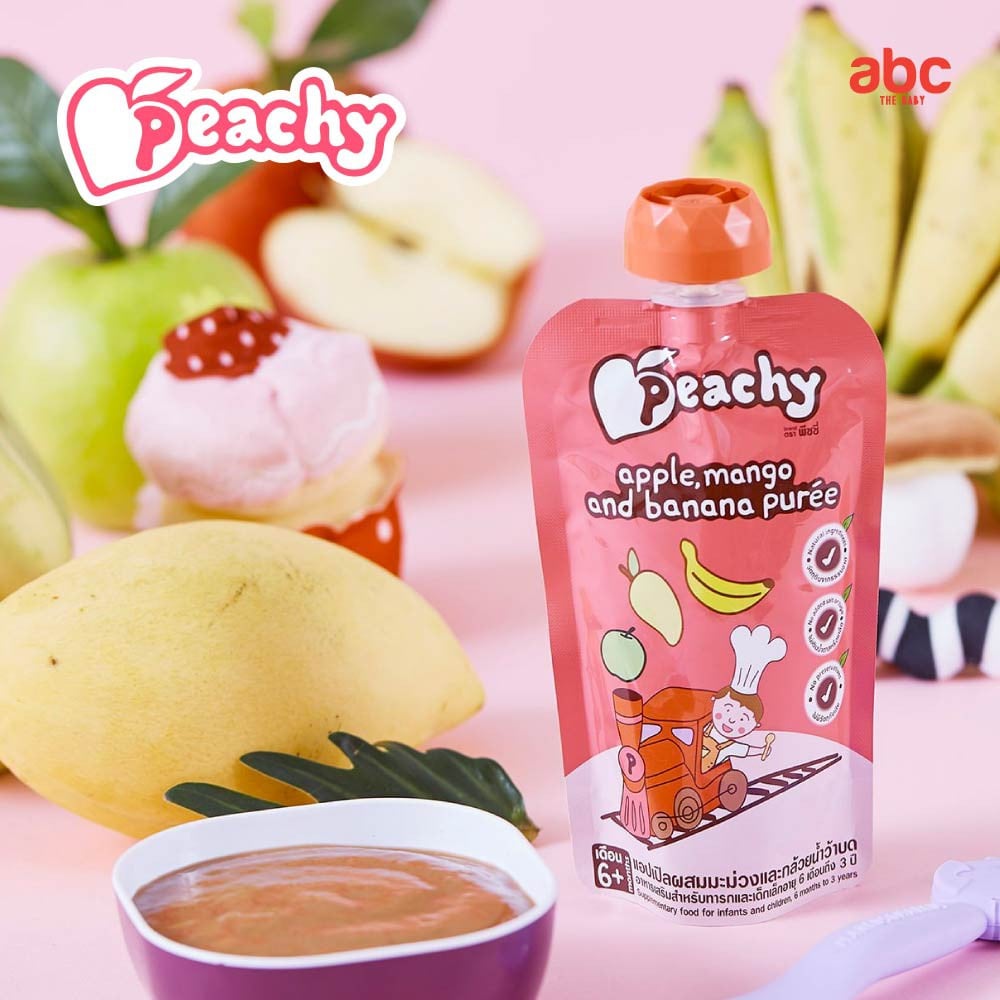 SHOPEE: هريس أطفال Peachy بالتفاح والمانجو والموز Apple, Mango and Banana Puree (+6 أشهر، 3 أكياس) صورة 3