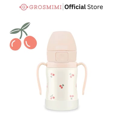 ขวดน้ำสแตนเลส Grosmimi Straw Cup ลาย เชอร์รี่ 200 มล.
