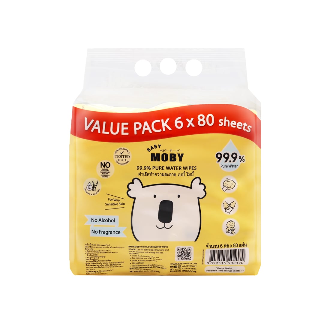 Baby Moby ผ้าเช็ดทำสะอาด 99.9% เพียววอเตอร์ Baby Wipe 80 แผ่น Pack 6 885915502170